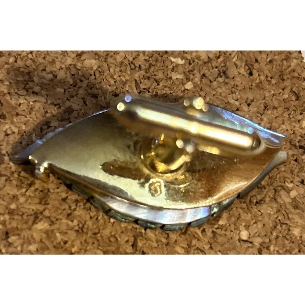 Vintage Shields Mid Century Carved Abalone Shell Wing Cuff Links MCM Gold Tone